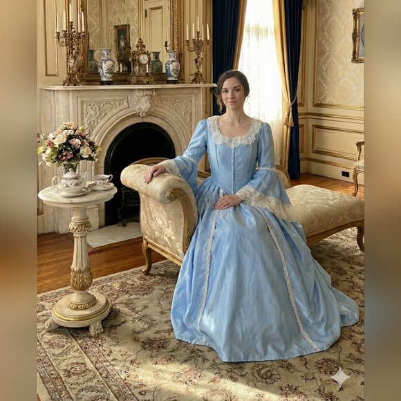 Unbranded Size S Blue Bridgerton Vibes Renaissance Bell Sleeves Gown Lace Trim - Picture 2 of 11